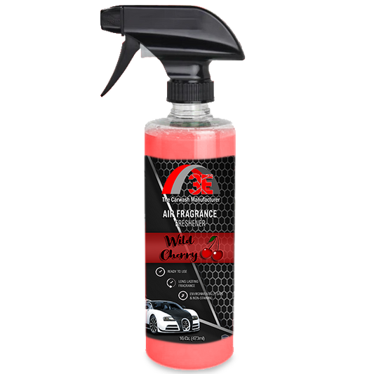 Front view of 16 oz Wild Cherry car air freshener spray bottle with clear label and trigger spray nozzle